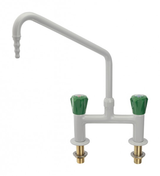 Cold and hot water mixer, bench mounted, 150mm centres, fixed nozzle
