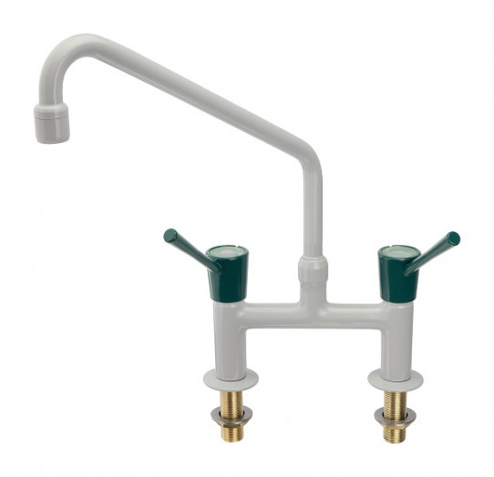 Cold and hot water mixer with wrist action lever, bench mounted, 150mm centres, aerator