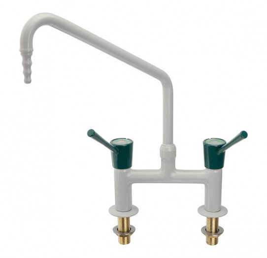Cold and hot water mixer with wrist action lever, bench mounted, 150mm centres, fixed nozzle
