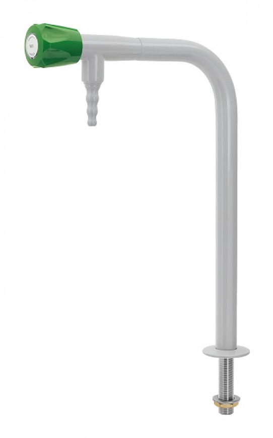 Stainless steel bib tap for special waters, bench mounted, fixed nozzle, plastic headwork