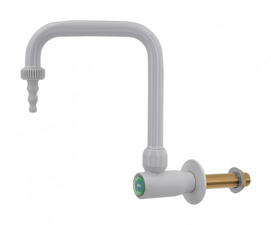 Wall mounted outlet for water, swivel swanneck, removable nozzle